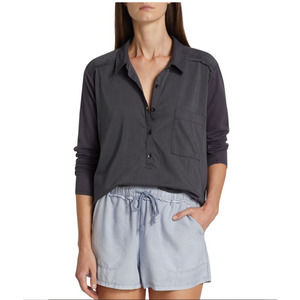 NWT $168 Splendid Paige Cotton Poplin Half Button Shirt In Slate